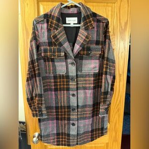 Tribal Plaid Shacket jacket in Black, Gray, Pink, and Orange